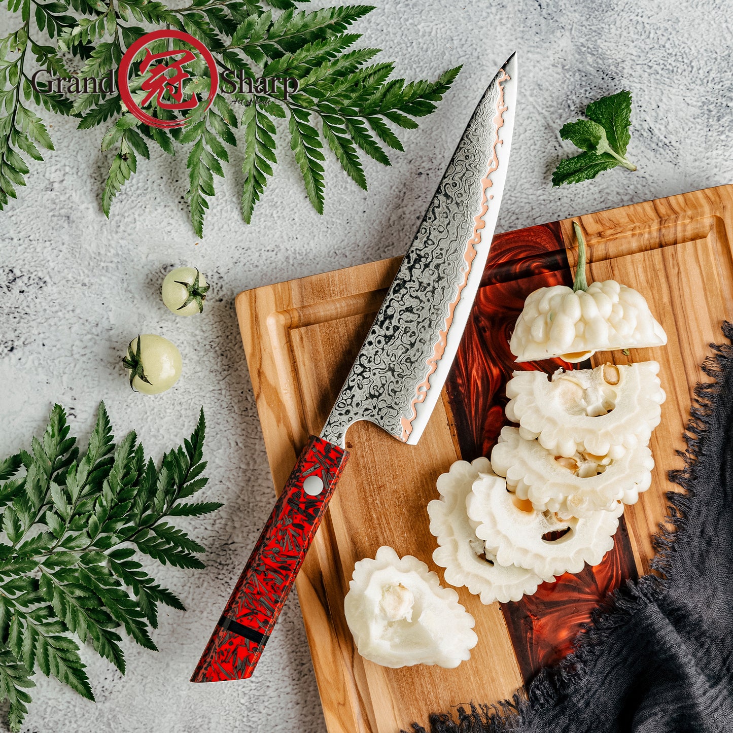 Grandsharp 8''Chef Knife 55 Layers Copper Damascus Steel Kitchen Knife Red Resin Carbon Fiber Handle Professional Cooking Tool