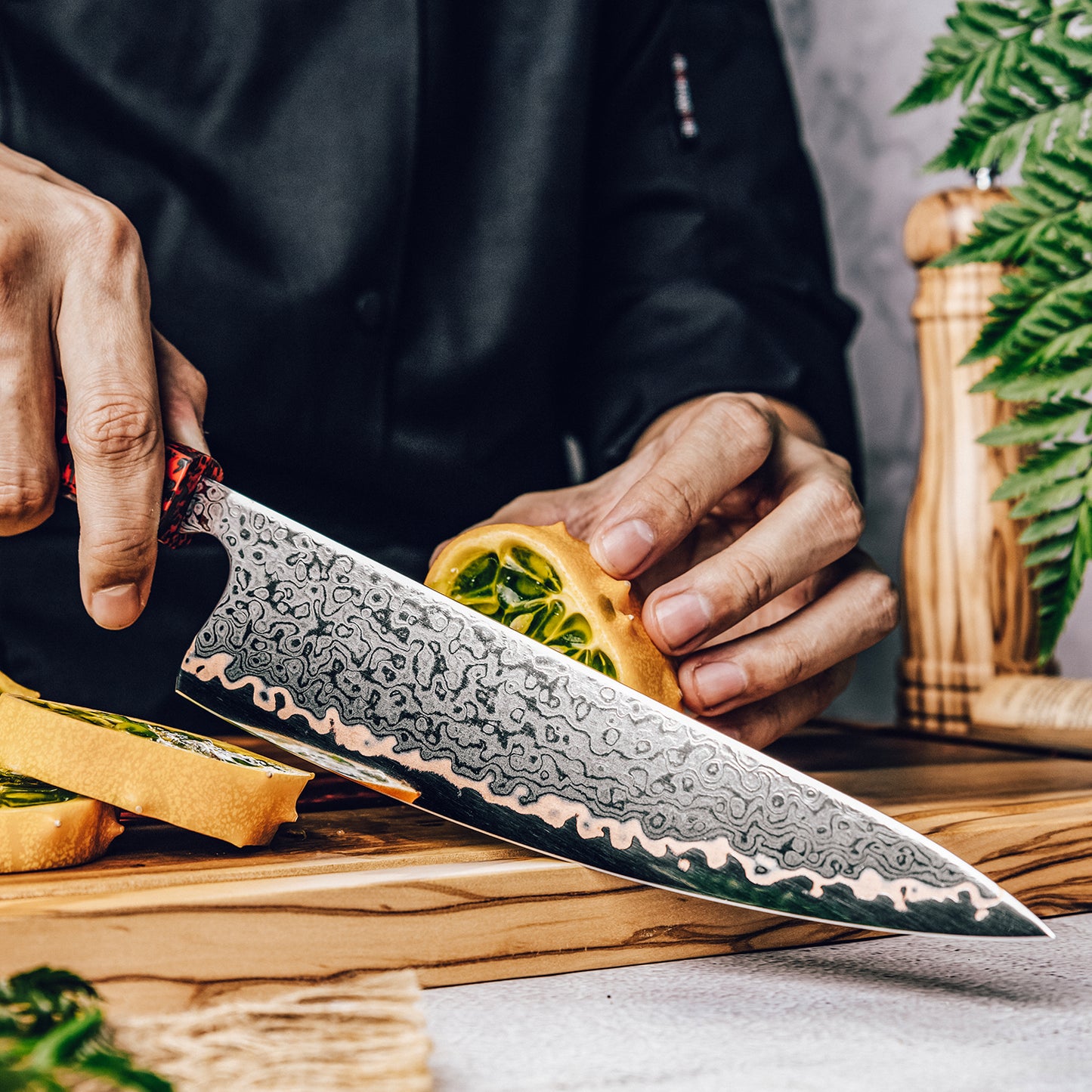 Grandsharp 8''Chef Knife 55 Layers Copper Damascus Steel Kitchen Knife Red Resin Carbon Fiber Handle Professional Cooking Tool