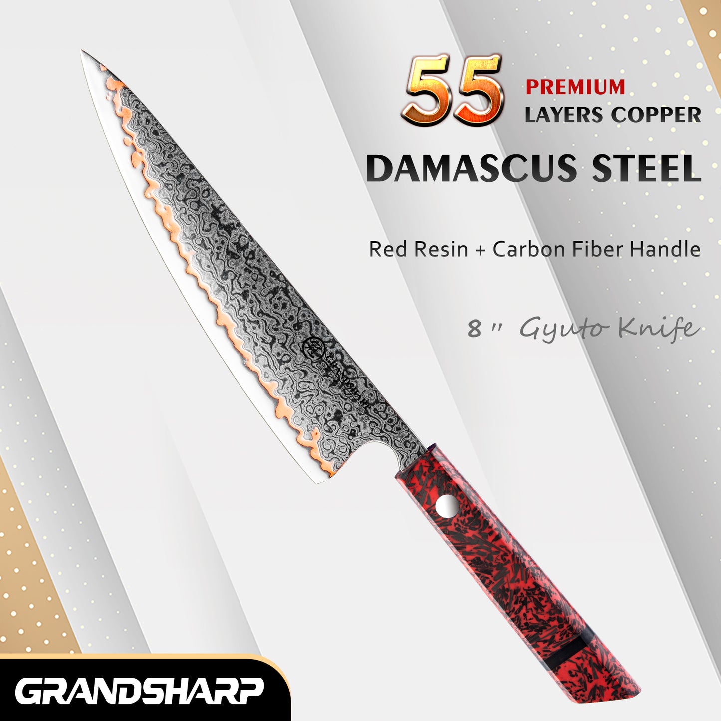 Grandsharp 8''Chef Knife 55 Layers Copper Damascus Steel Kitchen Knife Red Resin Carbon Fiber Handle Professional Cooking Tool