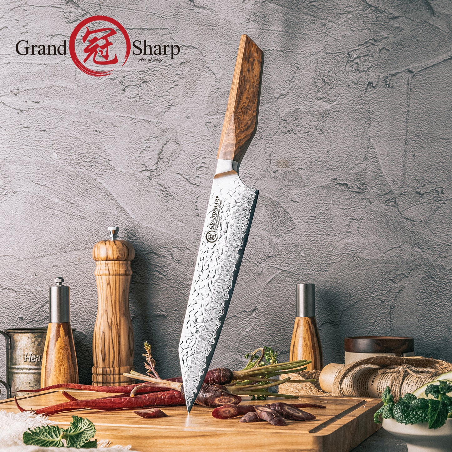 Grandsharp Damascus Steel Kiritsuke Knife Japanese AUS10 Carbon Steel 67 Layers Kiritsuke Knife with Africa Wood Handle