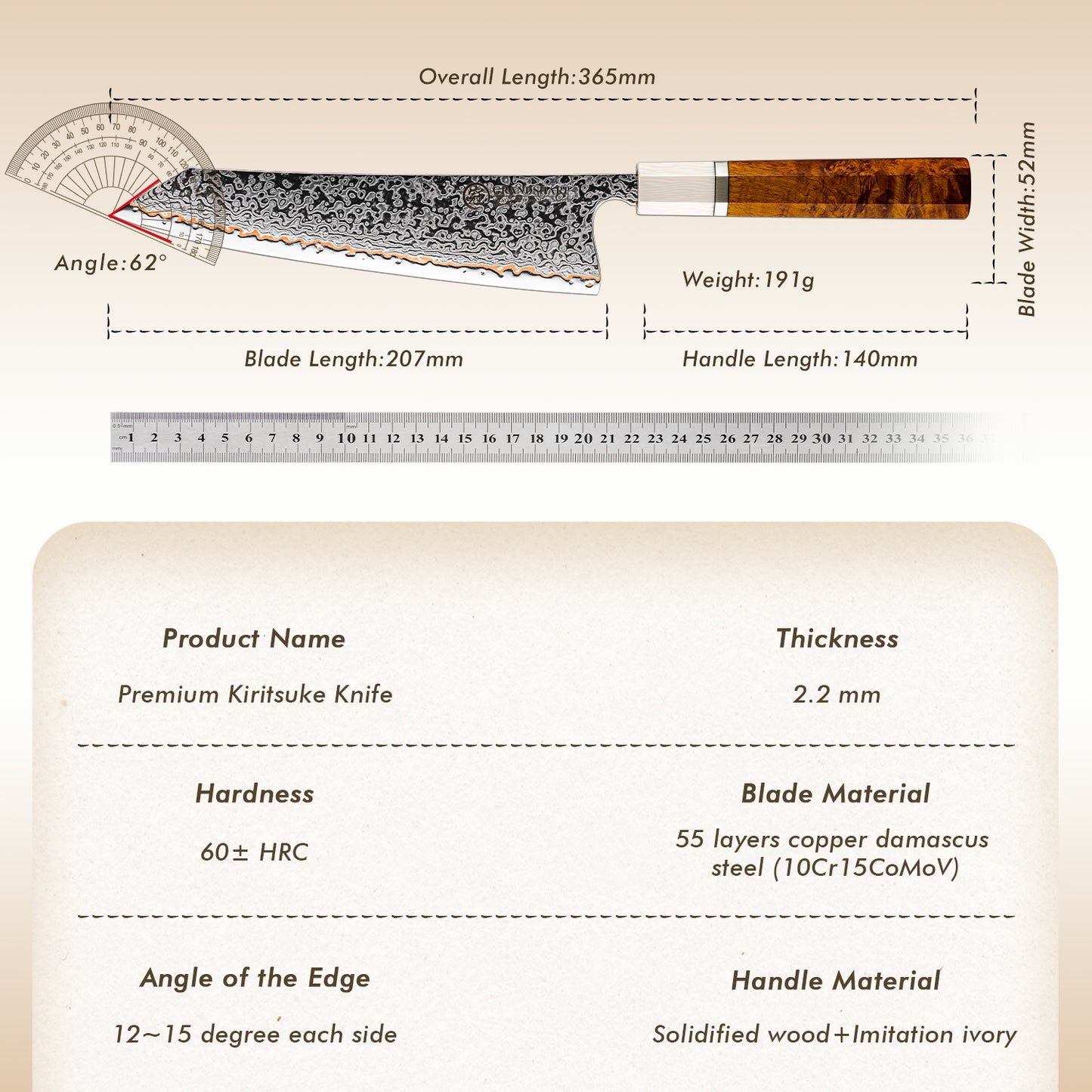 Grandsharp 55 Layers Copper Core Damascus Steel Kiritsuke  Knife with Solidified Wood Handle