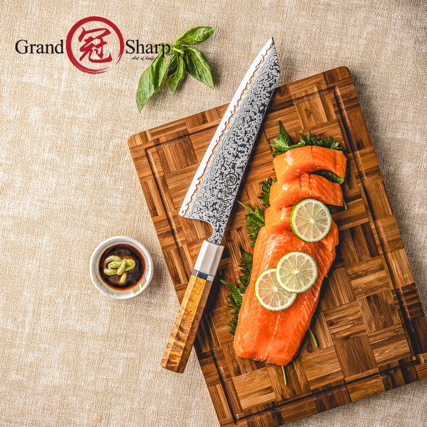 Grandsharp 55 Layers Copper Core Damascus Steel Kiritsuke  Knife with Solidified Wood Handle