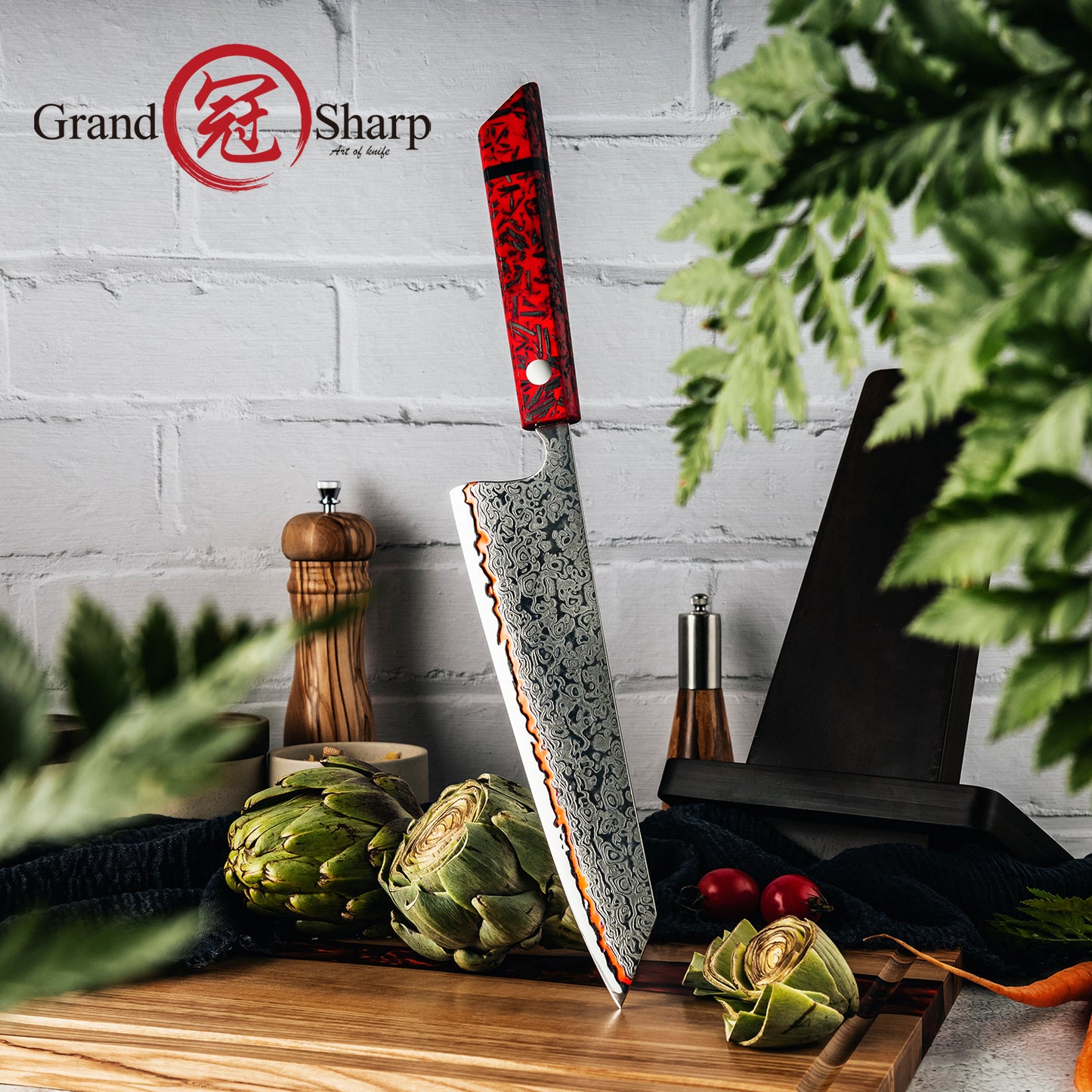 Grandsharp 55 Layers Copper Damascus Kiritsuke Chef Knife with Red Handle