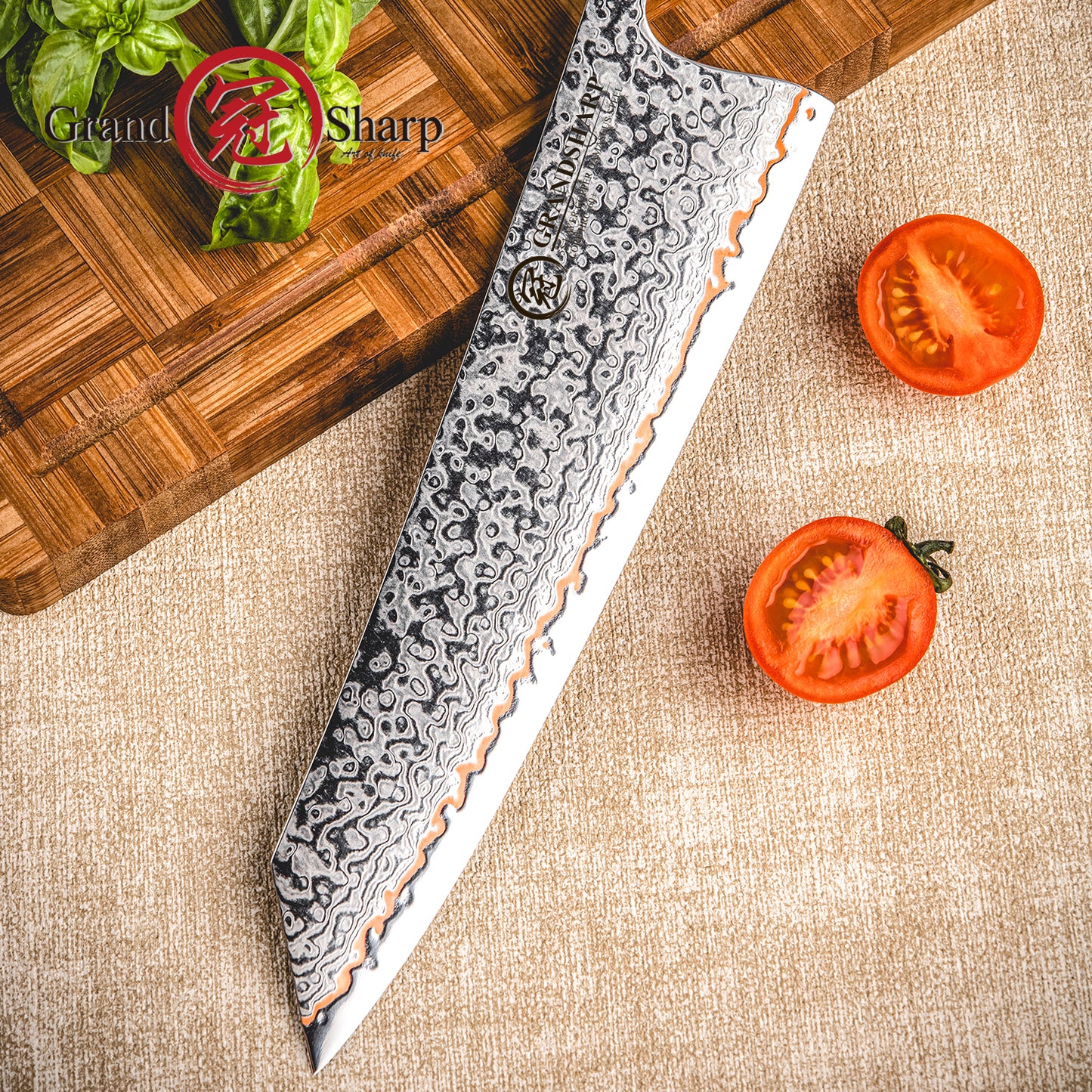 Grandsharp 55 Layers Copper Core Damascus Steel Kiritsuke  Knife with Solidified Wood Handle