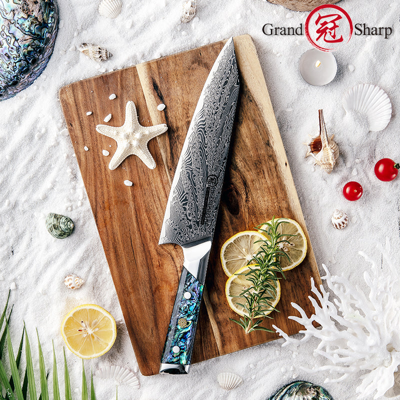 Grandsharp Abalone Shell Handle AUS10 Damascus Kitchen Knife Kiritsuke Chef Knife