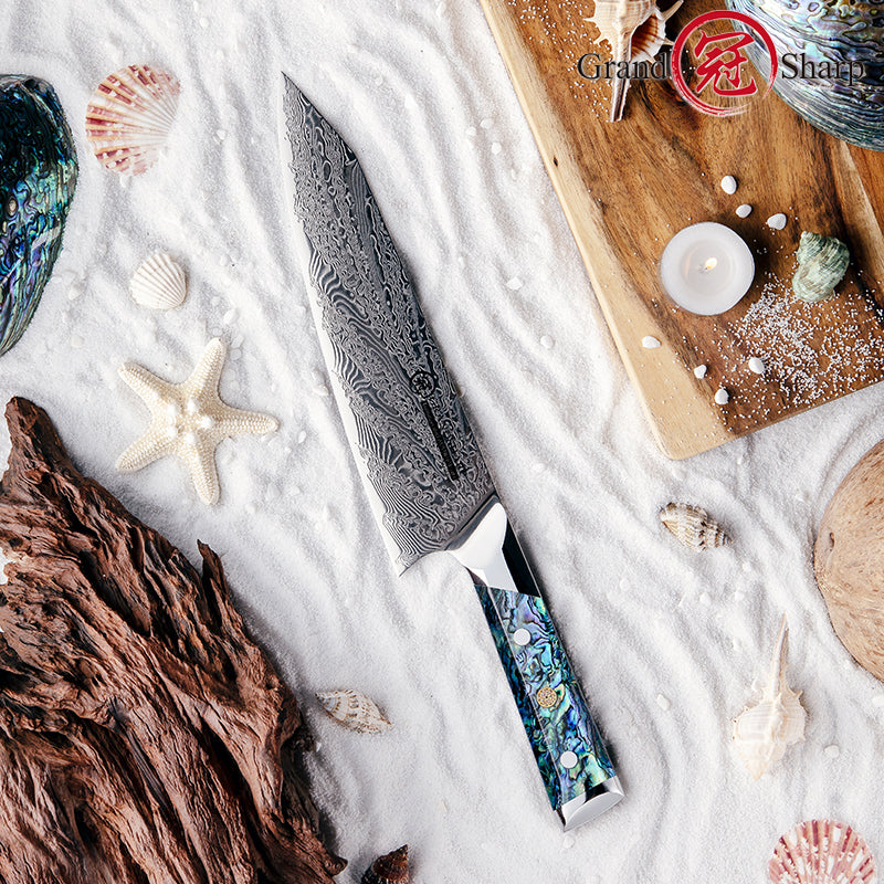 Grandsharp Abalone Shell Handle AUS10 Damascus Kitchen Knife Kiritsuke Chef Knife