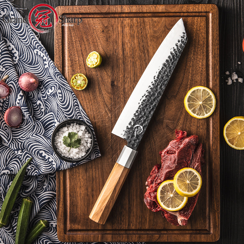 Grandsharp 9 Inch Hammered Kiritsuke Knife Chef Fillet Fish Knife Sashimi Sushi Vegetable Slicing Knife