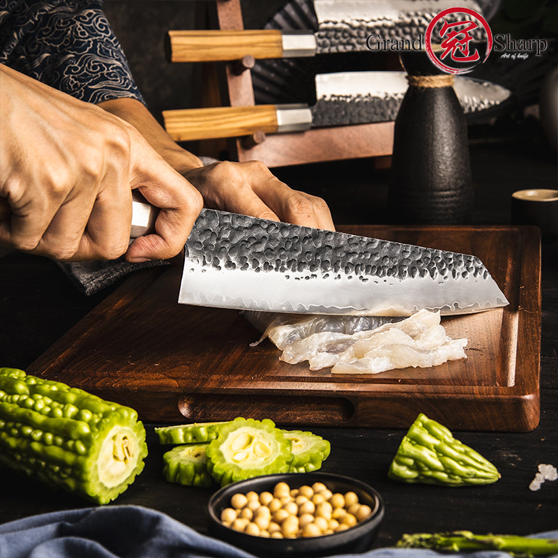 Grandsharp 9 Inch Hammered Kiritsuke Knife Chef Fillet Fish Knife Sashimi Sushi Vegetable Slicing Knife
