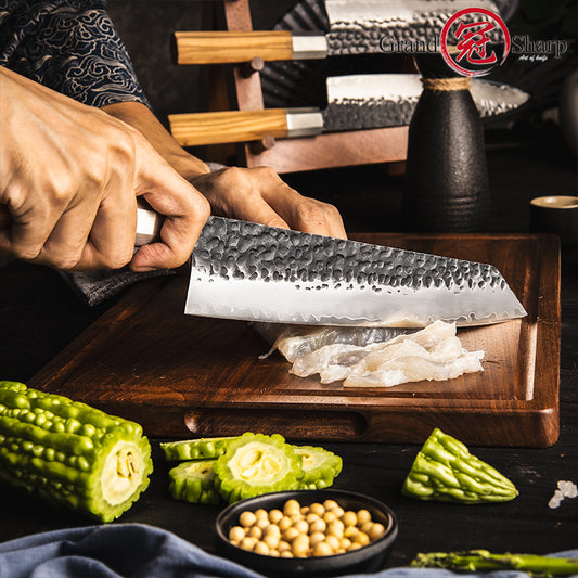 Grandsharp 9 Inch Hammered Kiritsuke Knife Chef Fillet Fish Knife Sashimi Sushi Vegetable Slicing Knife