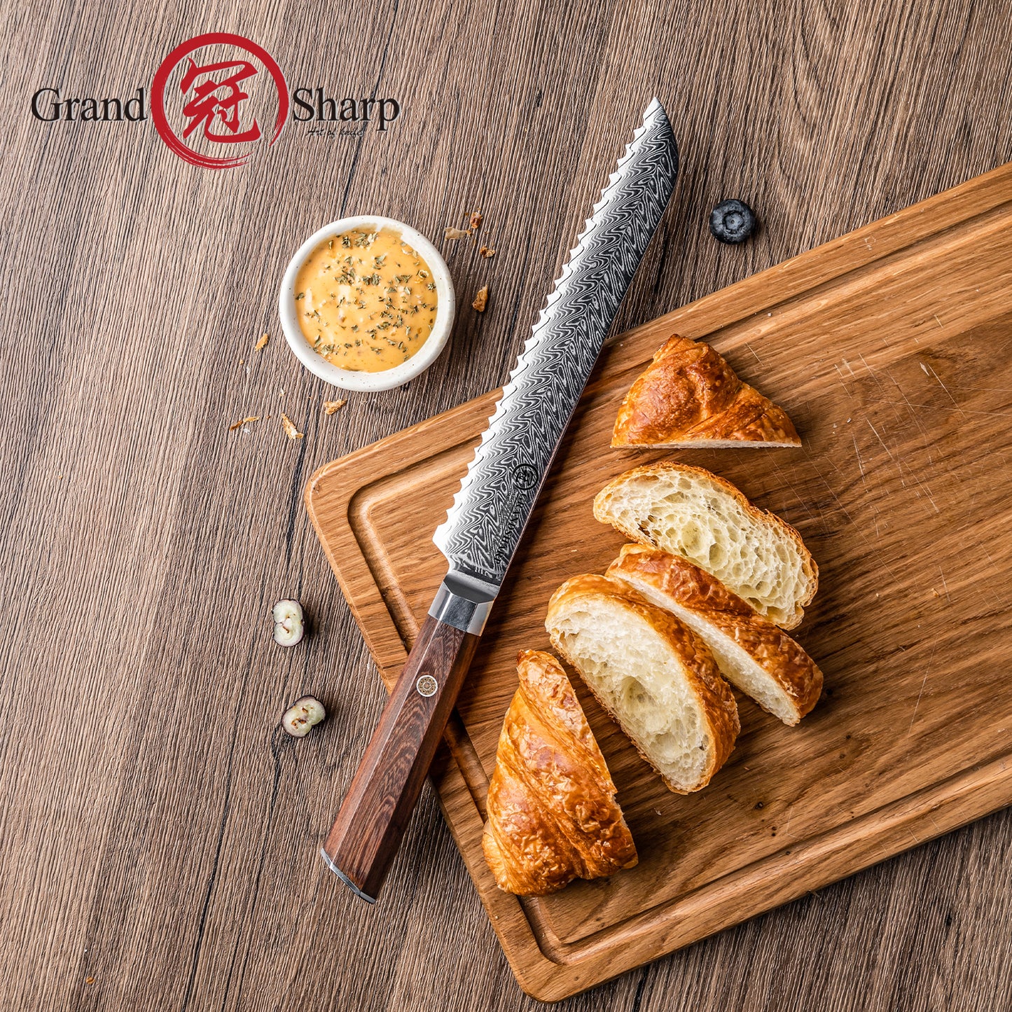 Grandsharp Rose Wood Handle Damascus Serrated Bread Knife