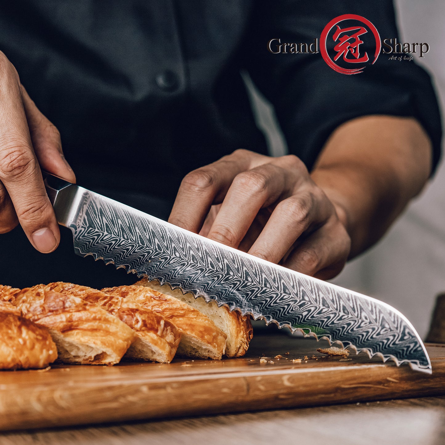 Grandsharp Rose Wood Handle Damascus Serrated Bread Knife