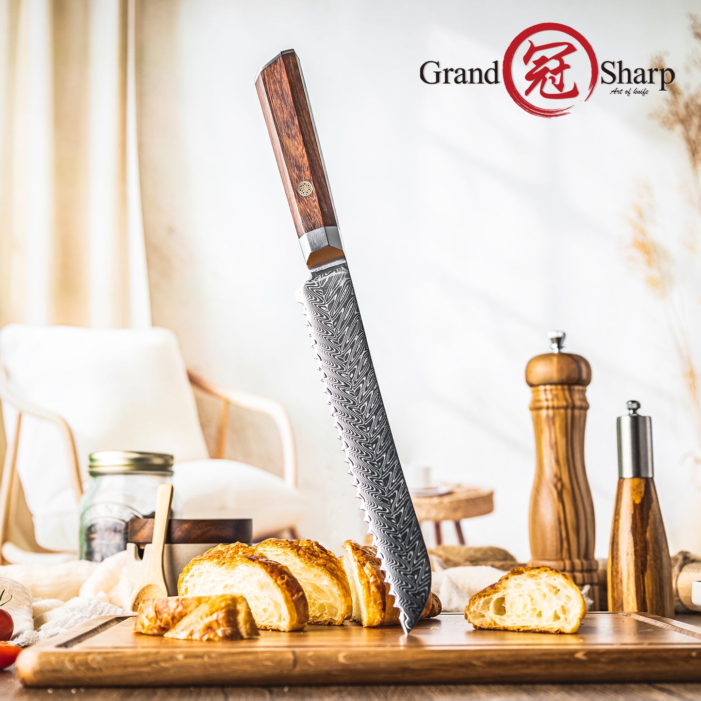 Grandsharp Rose Wood Handle Damascus Serrated Bread Knife