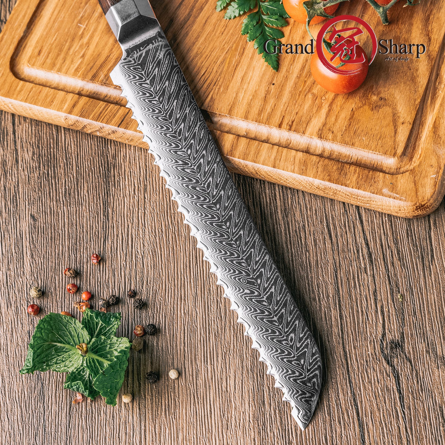 Grandsharp Rose Wood Handle Damascus Serrated Bread Knife