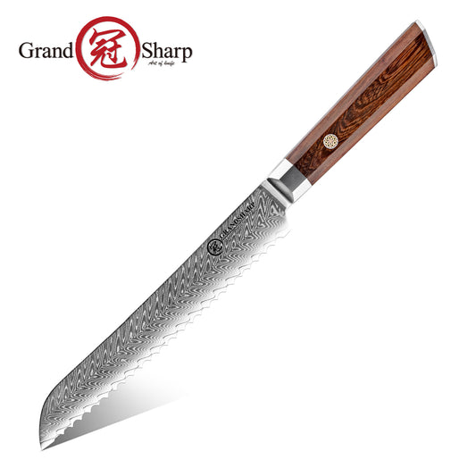 Grandsharp Rose Wood Handle Damascus Serrated Bread Knife