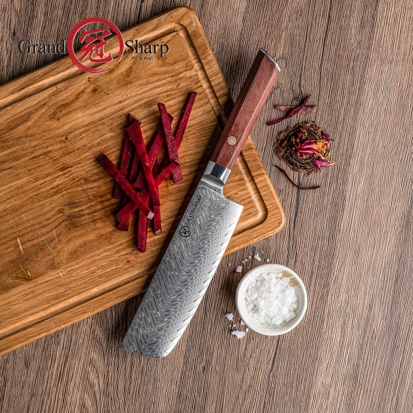 Grandsharp Rose Wood Handle Damascus Nakiri Knife