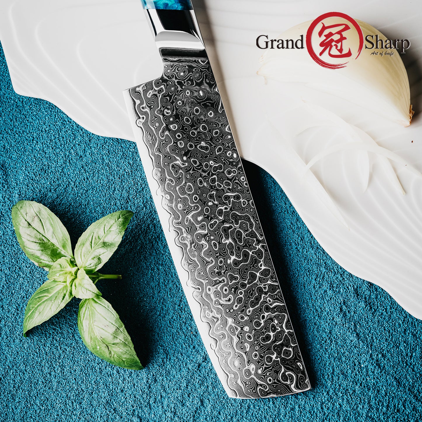 Grandsharp Damascus 7 Inch Nakiri Knife 129 Layers Japanese High Carbon Damascus Steel Nakiri Knives with Blue Resin Handle