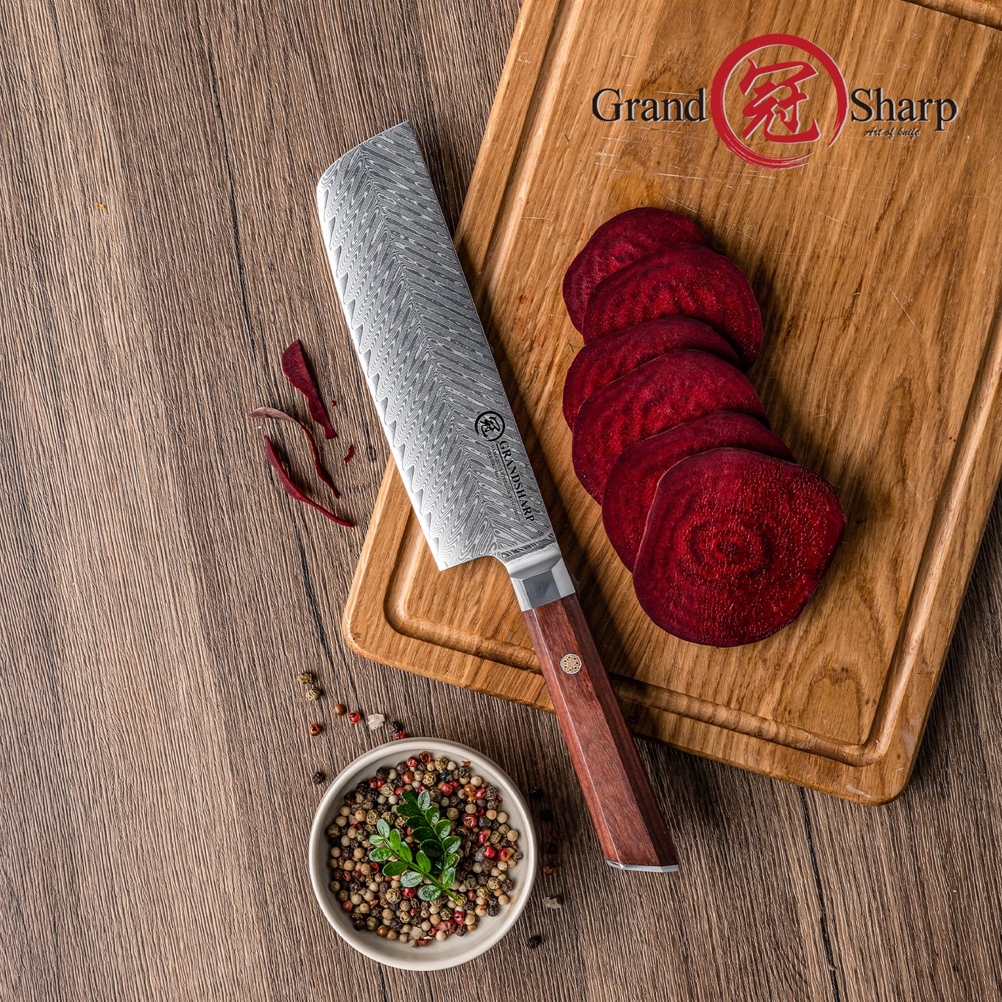 Grandsharp Rose Wood Handle Damascus Nakiri Knife