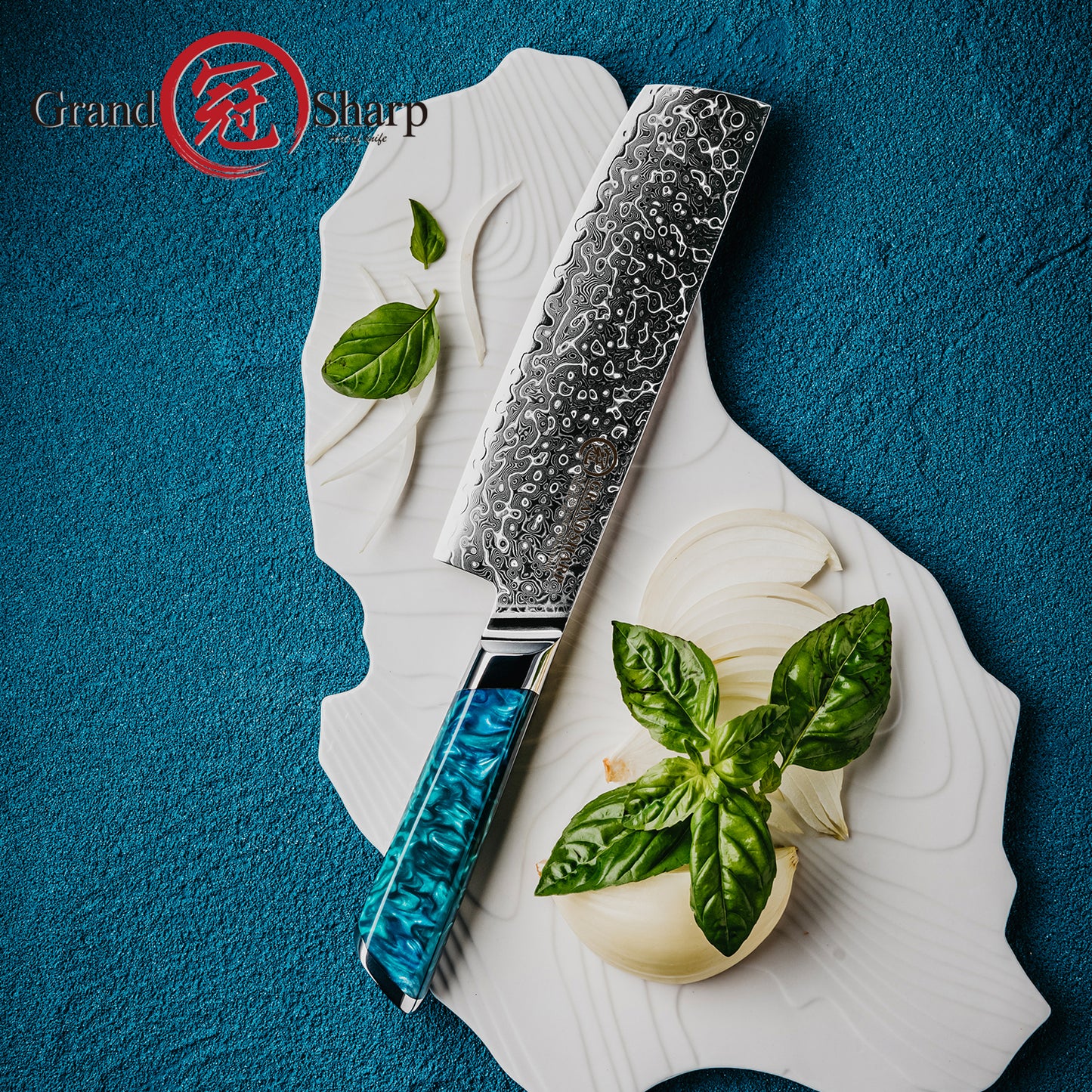 Grandsharp Damascus 7 Inch Nakiri Knife 129 Layers Japanese High Carbon Damascus Steel Nakiri Knives with Blue Resin Handle
