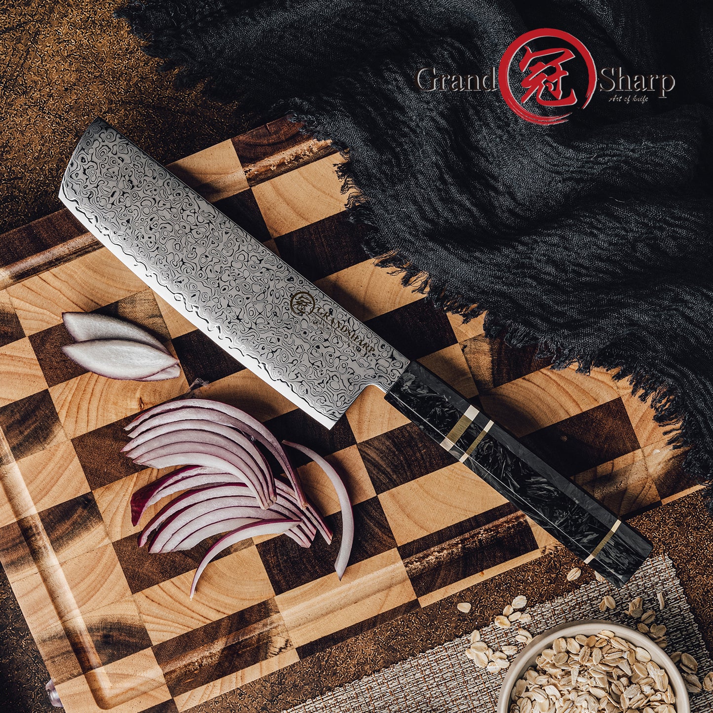 Grandsharp Nakiri Kitchen 7'' Knife Modern 67 Layers Damascus Steel Kitchen Chef Nakiri Knives with Black Carbon Fiber Handle