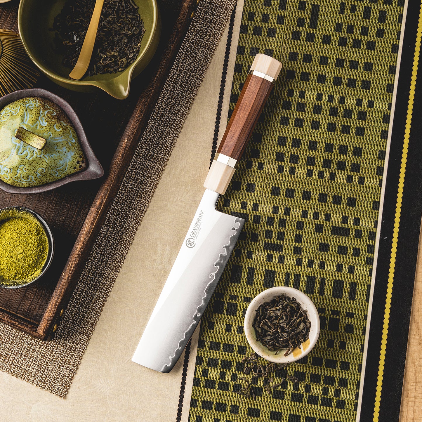 Grandsharp PM204 Powder Steel Core 6.5 Inch Kitchen Nakiri Knife Kitchen Chef Knives with Mkuruti Wood & Imitation Ivory Handle