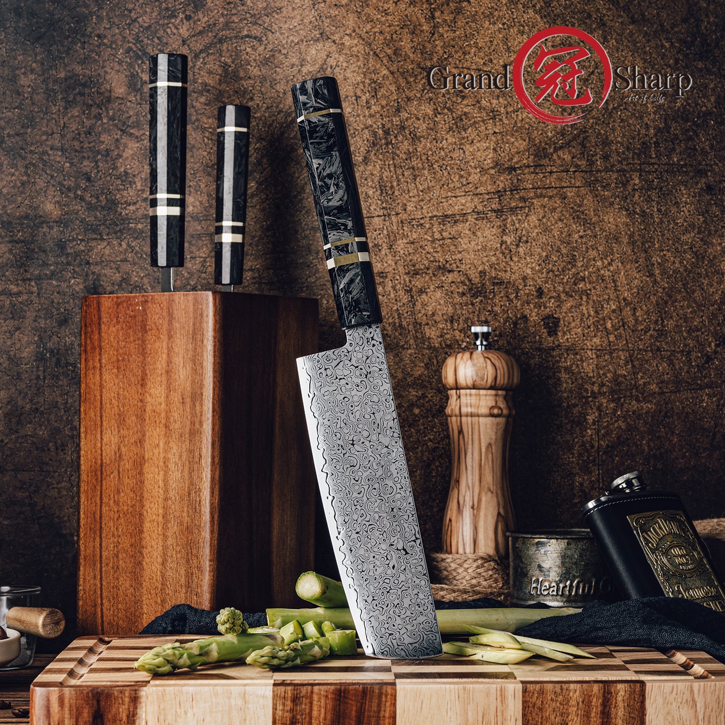 Grandsharp Nakiri Kitchen 7'' Knife Modern 67 Layers Damascus Steel Kitchen Chef Nakiri Knives with Black Carbon Fiber Handle