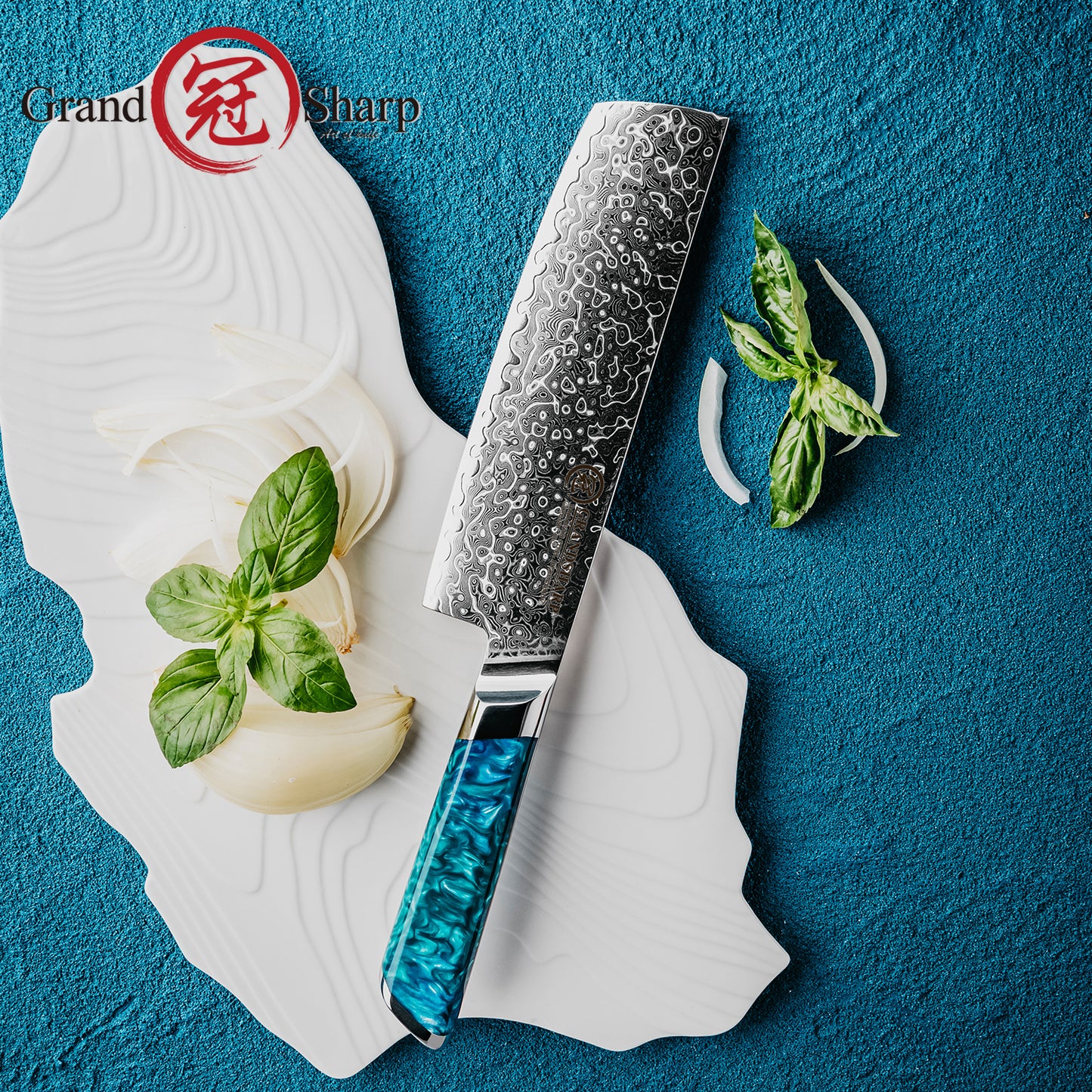 Grandsharp Damascus 7 Inch Nakiri Knife 129 Layers Japanese High Carbon Damascus Steel Nakiri Knives with Blue Resin Handle