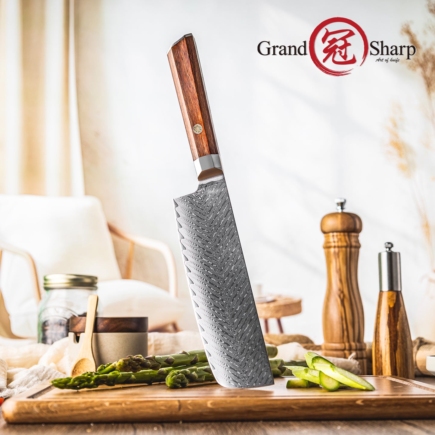 Grandsharp Rose Wood Handle Damascus Nakiri Knife