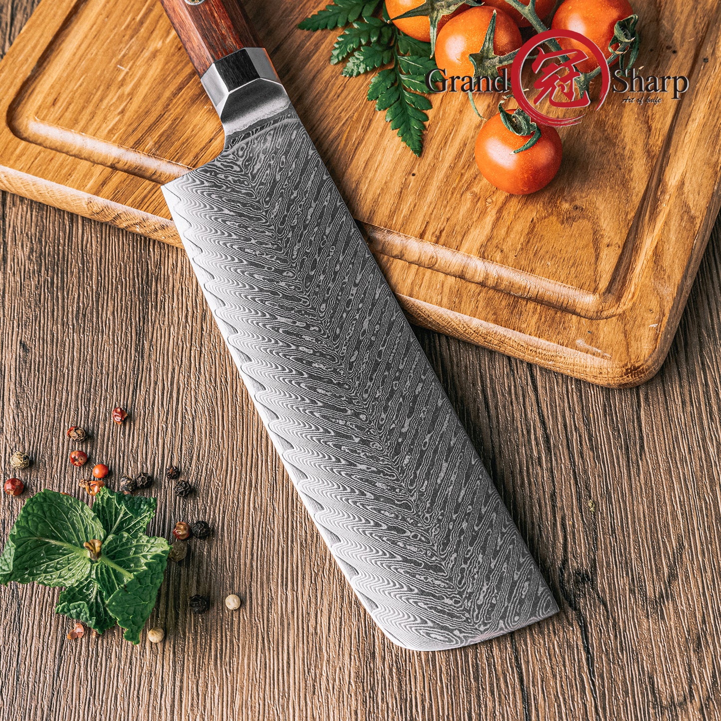 Grandsharp Rose Wood Handle Damascus Nakiri Knife