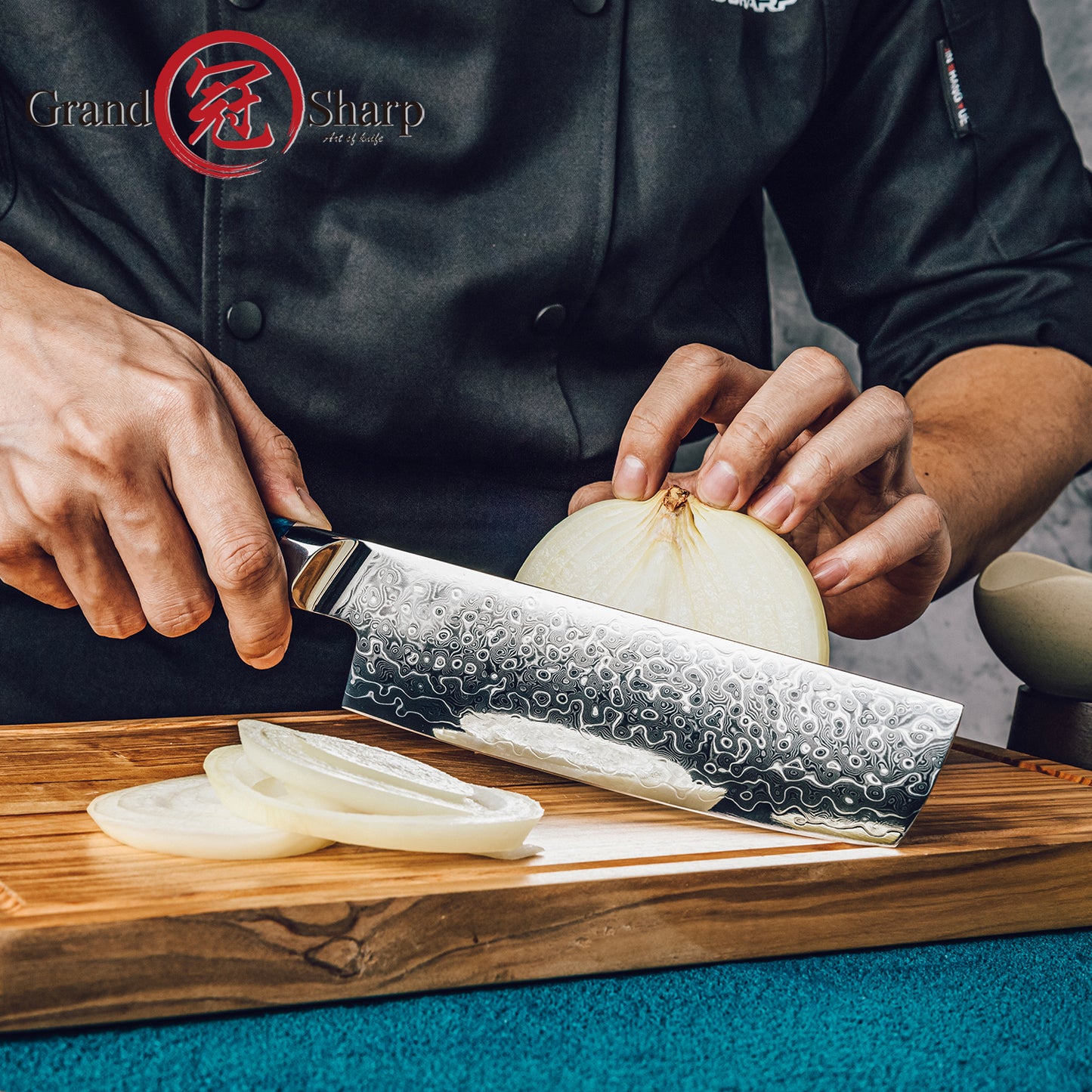 Grandsharp Damascus 7 Inch Nakiri Knife 129 Layers Japanese High Carbon Damascus Steel Nakiri Knives with Blue Resin Handle