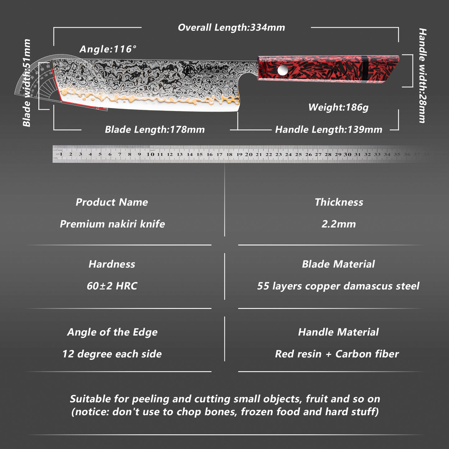 Grandsharp 7 Inch Nakiri Knife Kitchen Copper 55 Layers Carbon Steel Kitchen Nakiri Knife with Red Resin & Carbon Fiber Handle