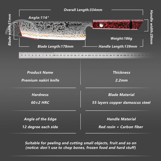 Grandsharp 55 Layers Copper Damascus Nakiri Knife with Red Handle
