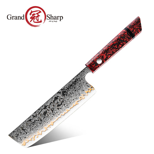 Grandsharp 55 Layers Copper Damascus Nakiri Knife with Red Handle
