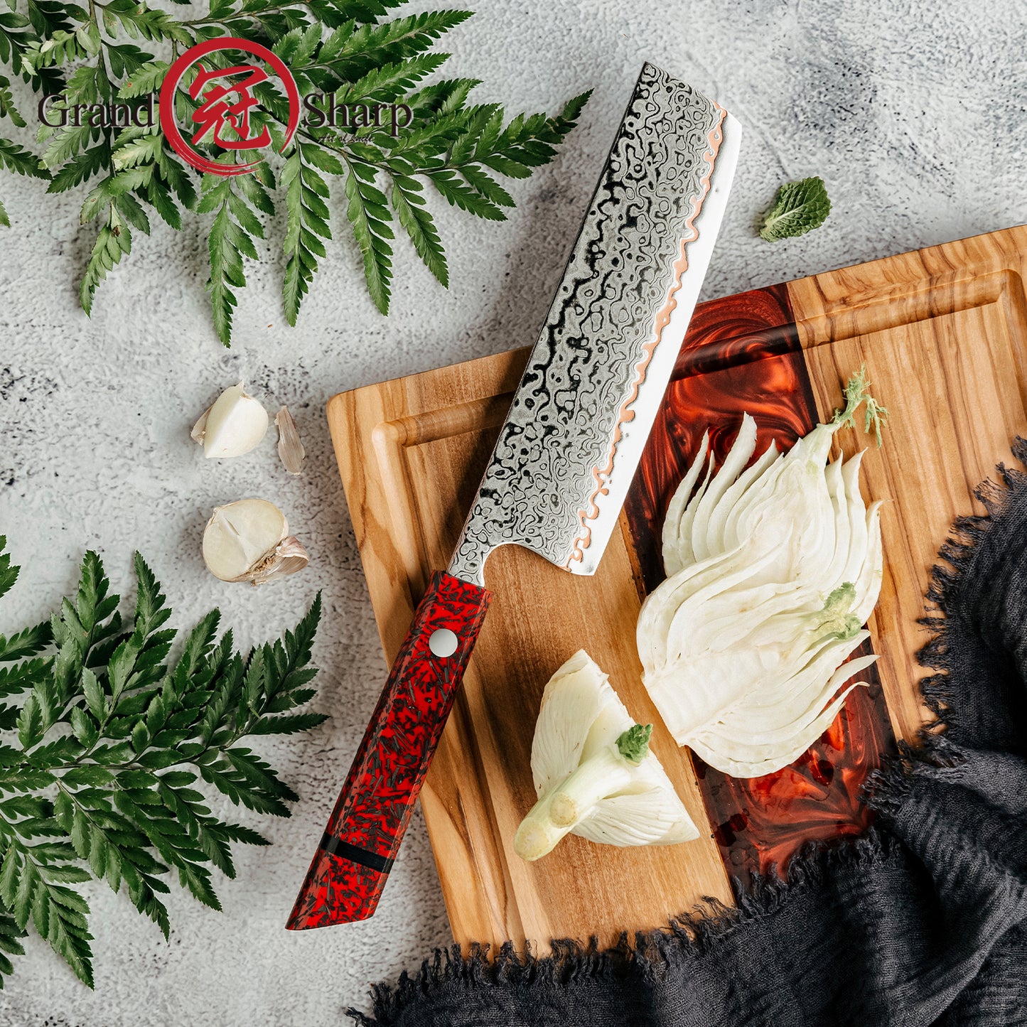 Grandsharp 7 Inch Nakiri Knife Kitchen Copper 55 Layers Carbon Steel Kitchen Nakiri Knife with Red Resin & Carbon Fiber Handle