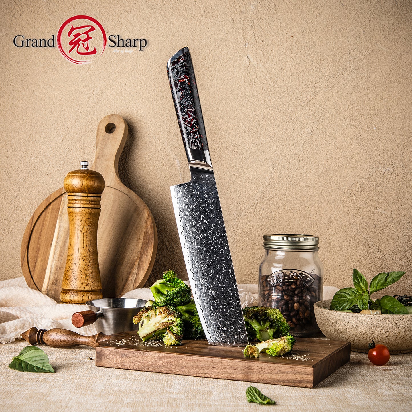 Grandsharp Japanese 129 Layers Damascus Steel 7 Inch Nakiri Knife Kitchen Damascus Nakiri Knives with Black Carbon Fiber Handle