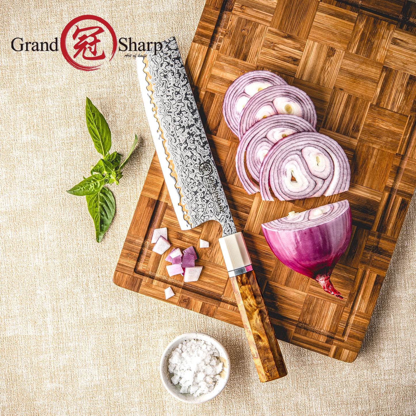 Grandsharp 7'' Nakiri Knife Japanese 55 Layers Copper damascus with Solidified Wood+Imitation Ivory Handle