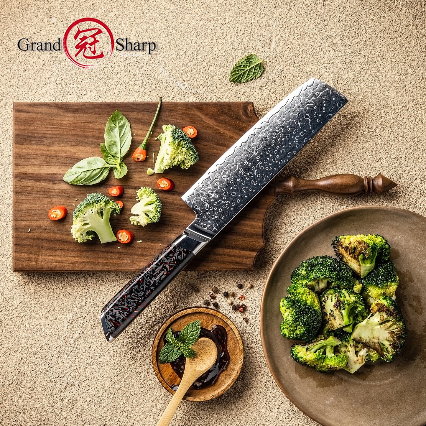 Grandsharp Japanese 129 Layers Damascus Steel 7 Inch Nakiri Knife Kitchen Damascus Nakiri Knives with Black Carbon Fiber Handle