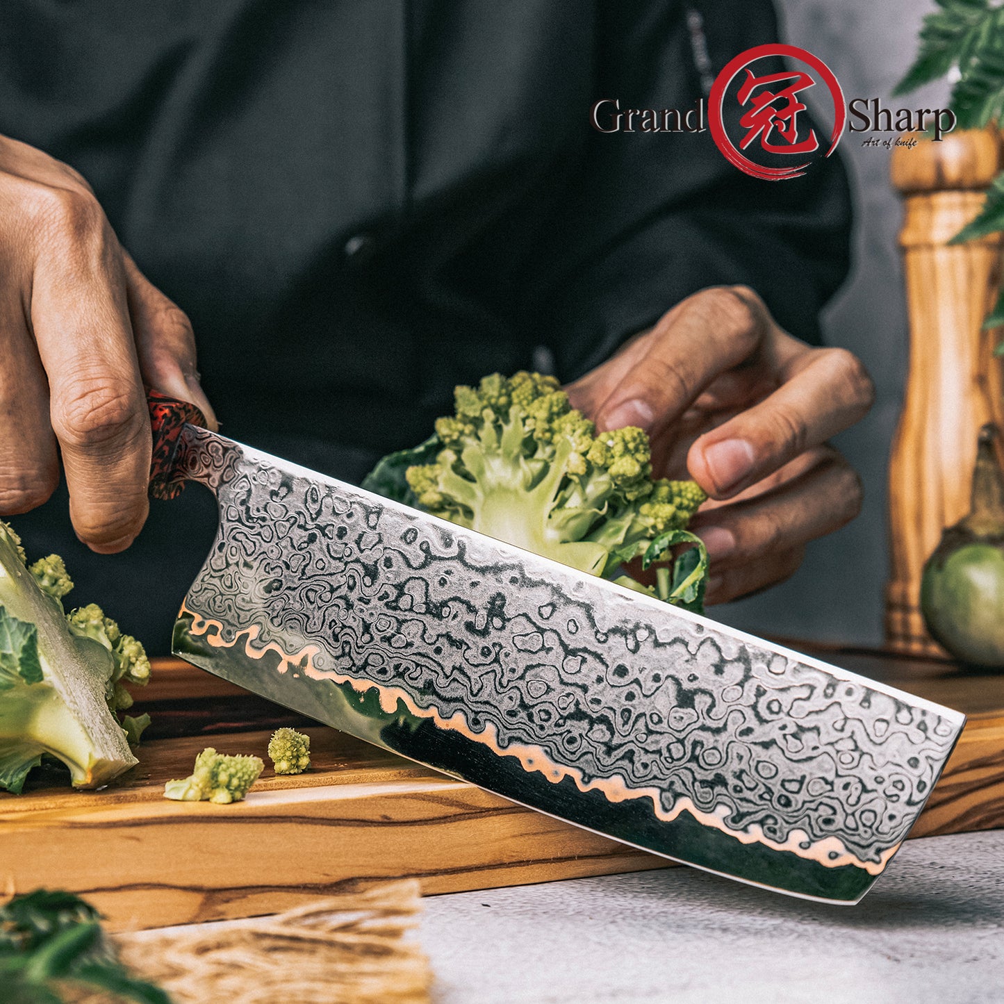Grandsharp 7 Inch Nakiri Knife Kitchen Copper 55 Layers Carbon Steel Kitchen Nakiri Knife with Red Resin & Carbon Fiber Handle