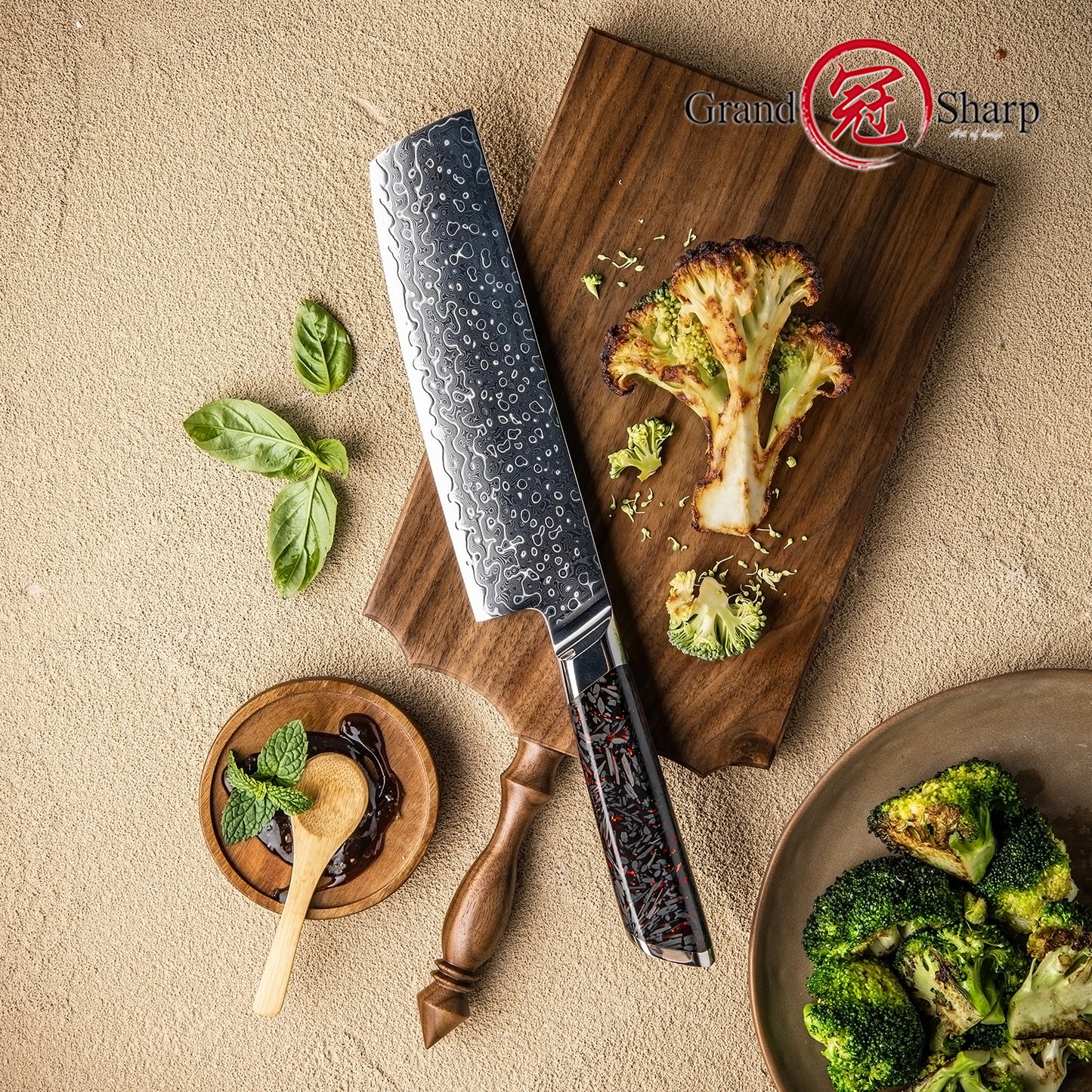 Grandsharp Japanese 129 Layers Damascus Steel 7 Inch Nakiri Knife Kitchen Damascus Nakiri Knives with Black Carbon Fiber Handle