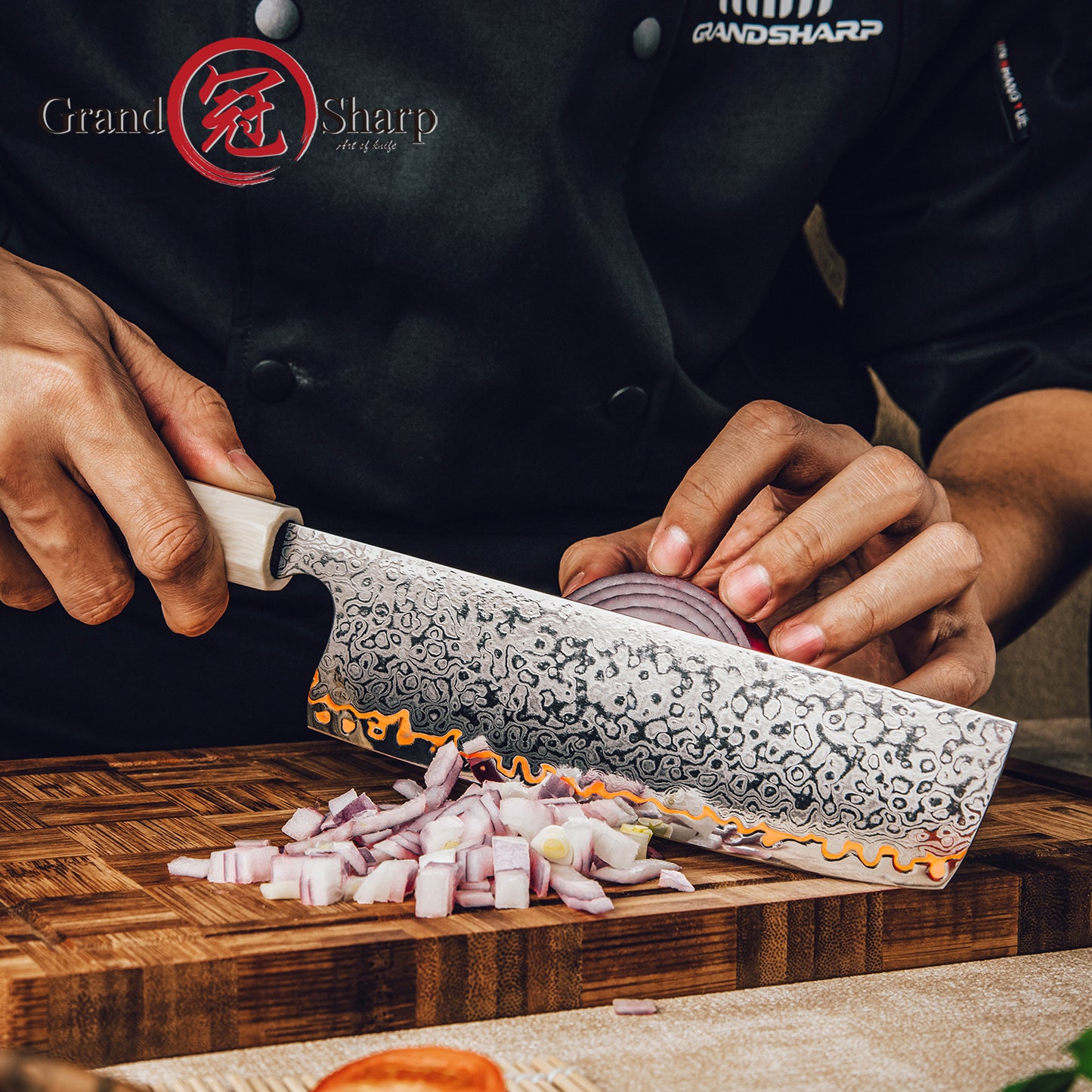 Grandsharp 7'' Nakiri Knife Japanese 55 Layers Copper damascus with Solidified Wood+Imitation Ivory Handle