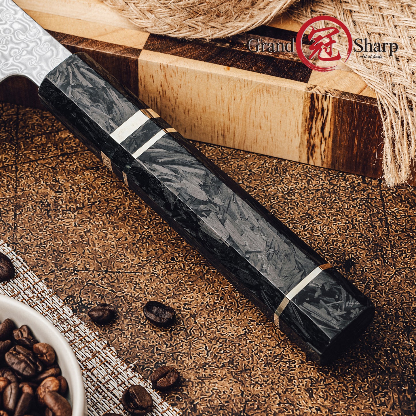 Grandsharp 8.5''Kiritsuke Knife 67 Layer Damascus Steel 10Cr15MoV Core Blade With Carbon Fiber&Copper Ring Handle Chef Knife
