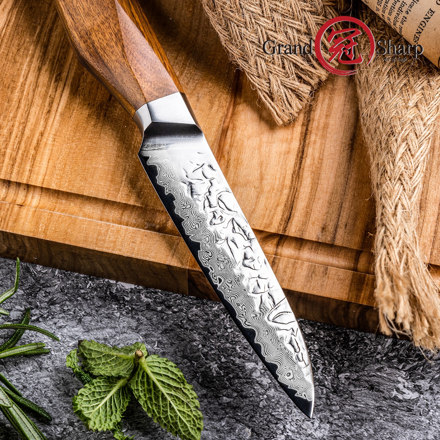 Grandsharp High Quality Kitchen 4 Inch Paring Knife Damascus 67 Layers AUS10 Steel Paring Knife with Africa Rose Wood