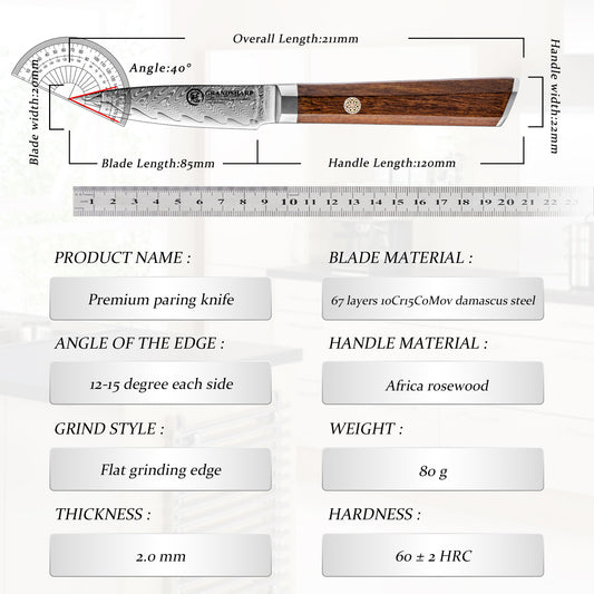 Grandsharp Rose Wood Handle Damascus Paring Knife