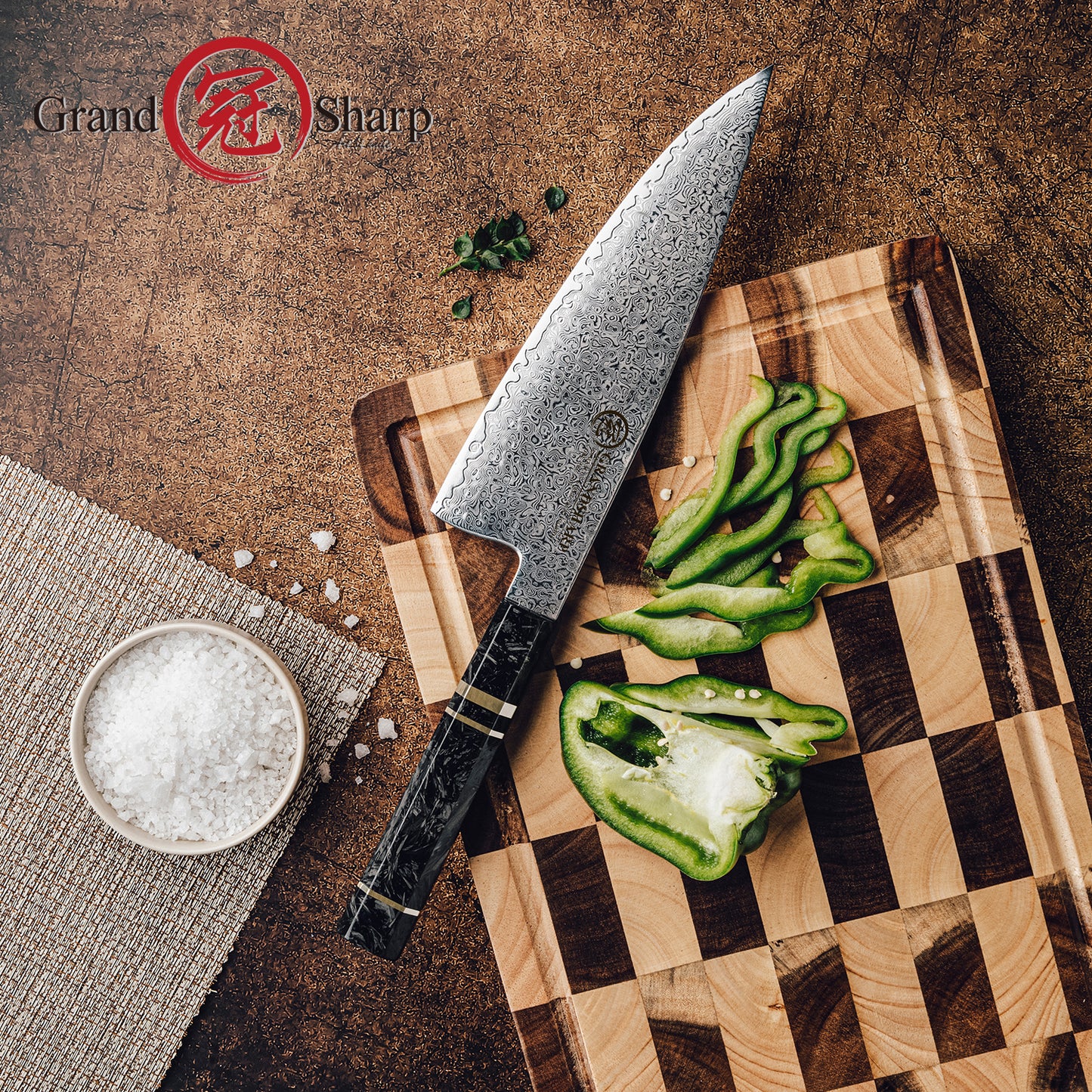 Grandsharp 8 Inch Damascus Steel Chef Knife High Quality 67 Layers 10Cr15CoMoV Kitchen Knives with Black Carbon Fiber Handle