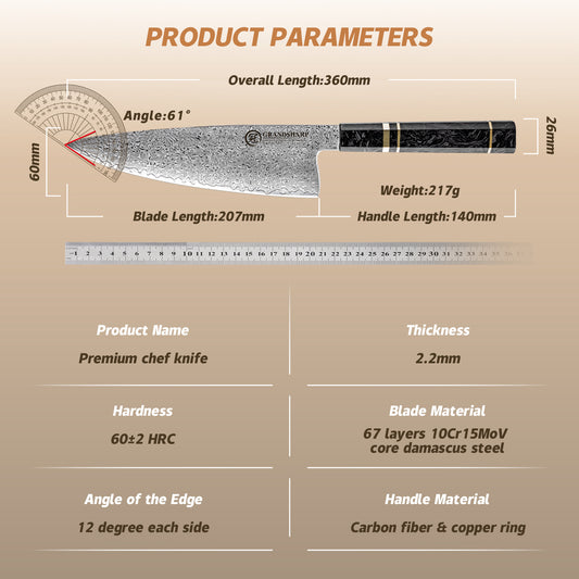 Grandsharp 10Cr15CoMoV Damascus Handmade Fat Gyuto Chef Knife