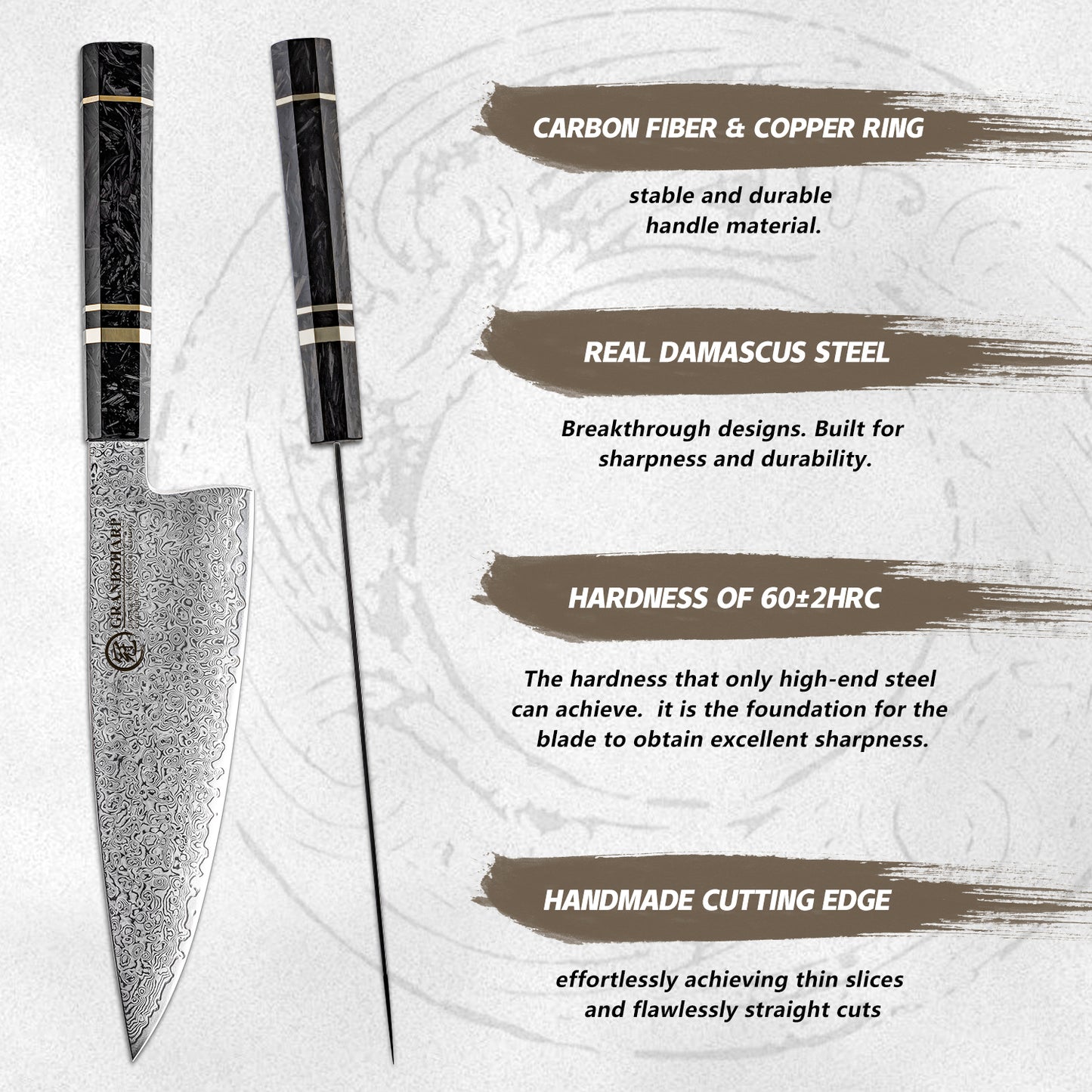 Grandsharp 8 Inch Damascus Steel Chef Knife High Quality 67 Layers 10Cr15CoMoV Kitchen Knives with Black Carbon Fiber Handle
