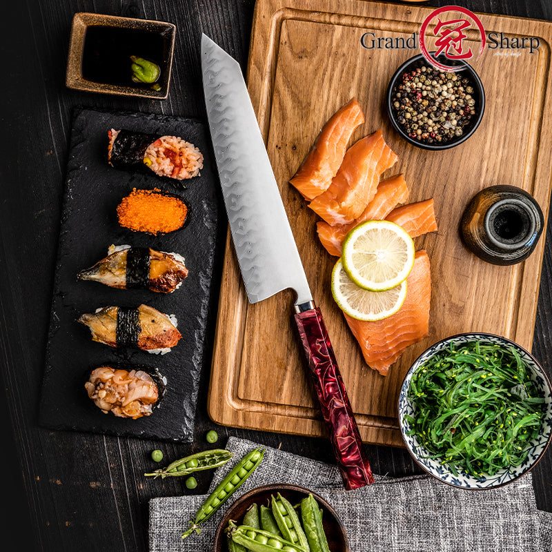 Grandsharp Handmade High Carbon 5 Layers Clad Steel Kitchen Chef Kiritsuke Knife with Red Resin Handle