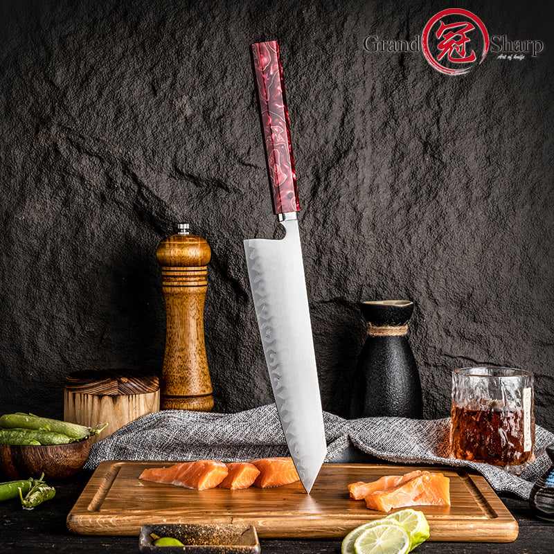 Grandsharp Handmade High Carbon 5 Layers Clad Steel Kitchen Chef Kiritsuke Knife with Red Resin Handle