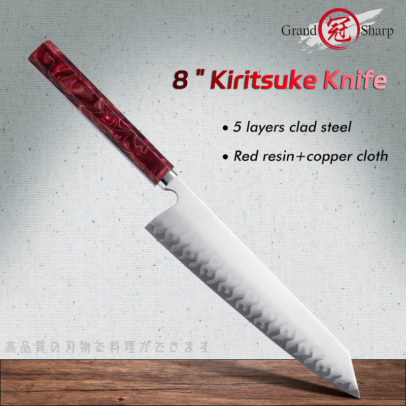 Grandsharp Handmade High Carbon 5 Layers Clad Steel Kitchen Chef Kiritsuke Knife with Red Resin Handle