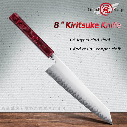 Grandsharp Handmade High Carbon 5 Layers Clad Steel Kitchen Chef Kiritsuke Knife with Red Resin Handle