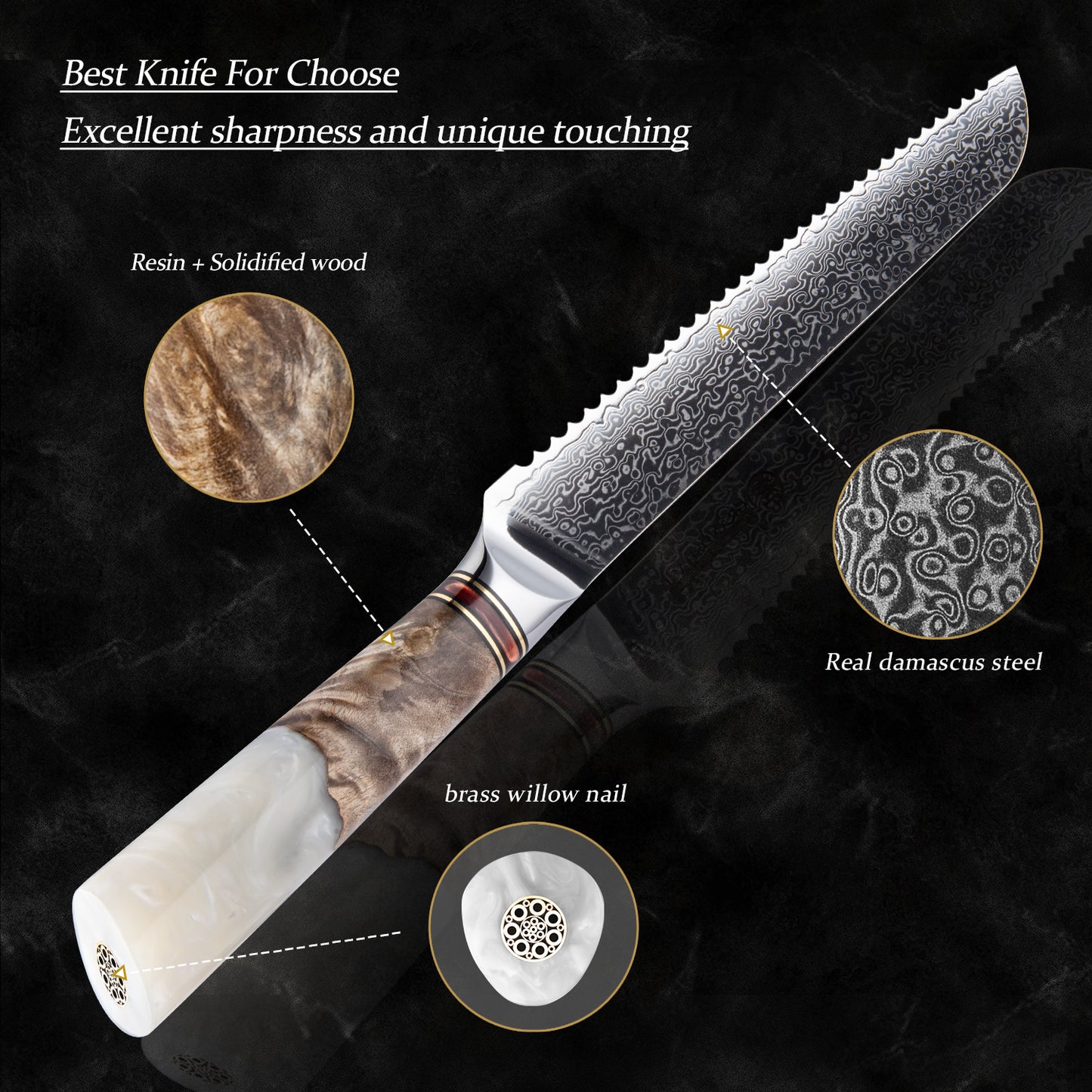 Grandsharp Damascus Steel 8.5 Inch Kitchen Bread Knife White Resin & Solidified Wood Handle